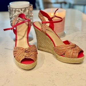 Saks Fifth Avenue Red and Tan Espadrille Wedges